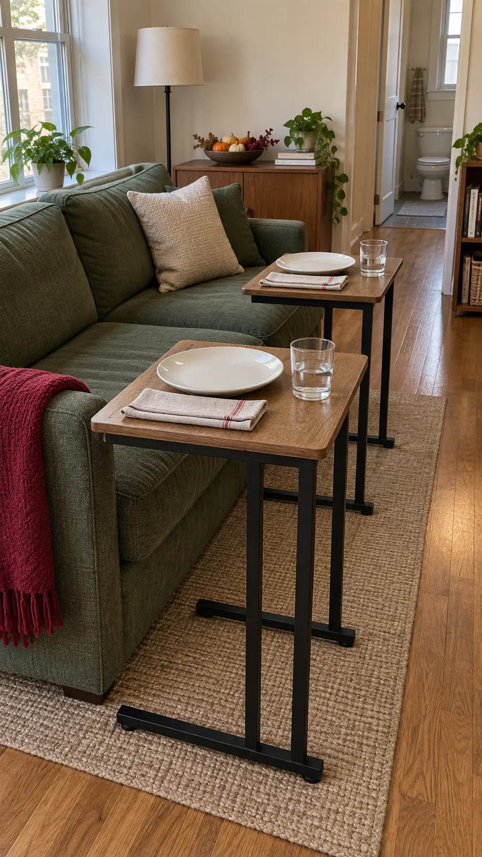 Two stable tray tables giving sofa guests separate Thanksgiving place settings