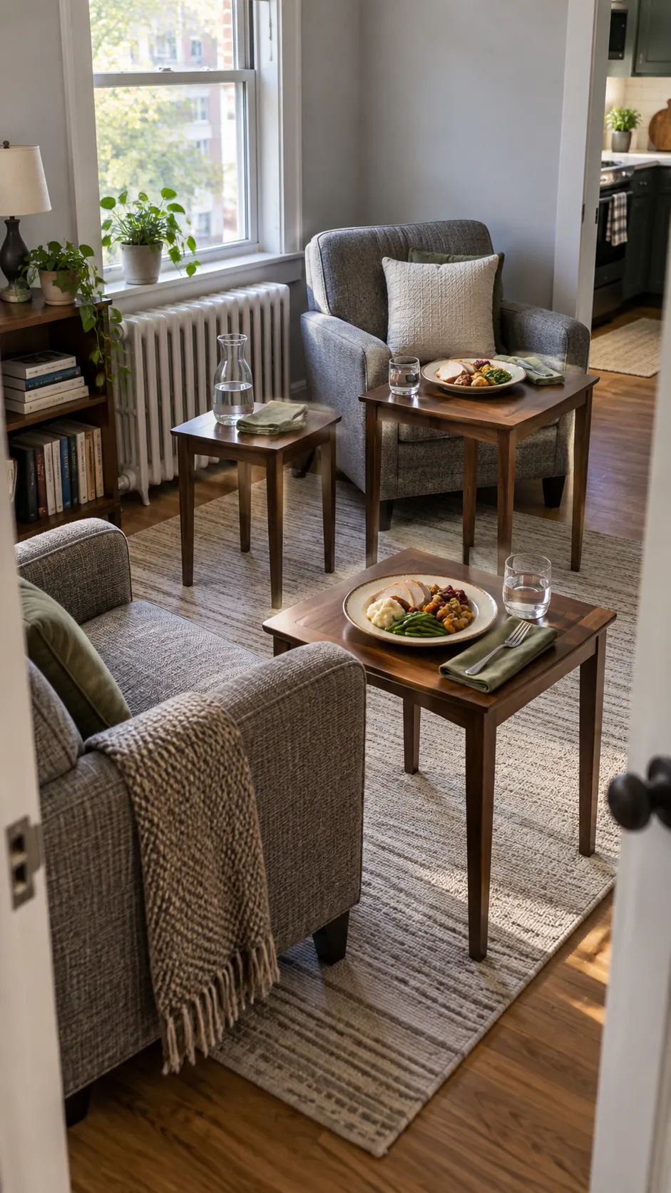 Nesting tables pulled apart for Thanksgiving plates beside living room chairs