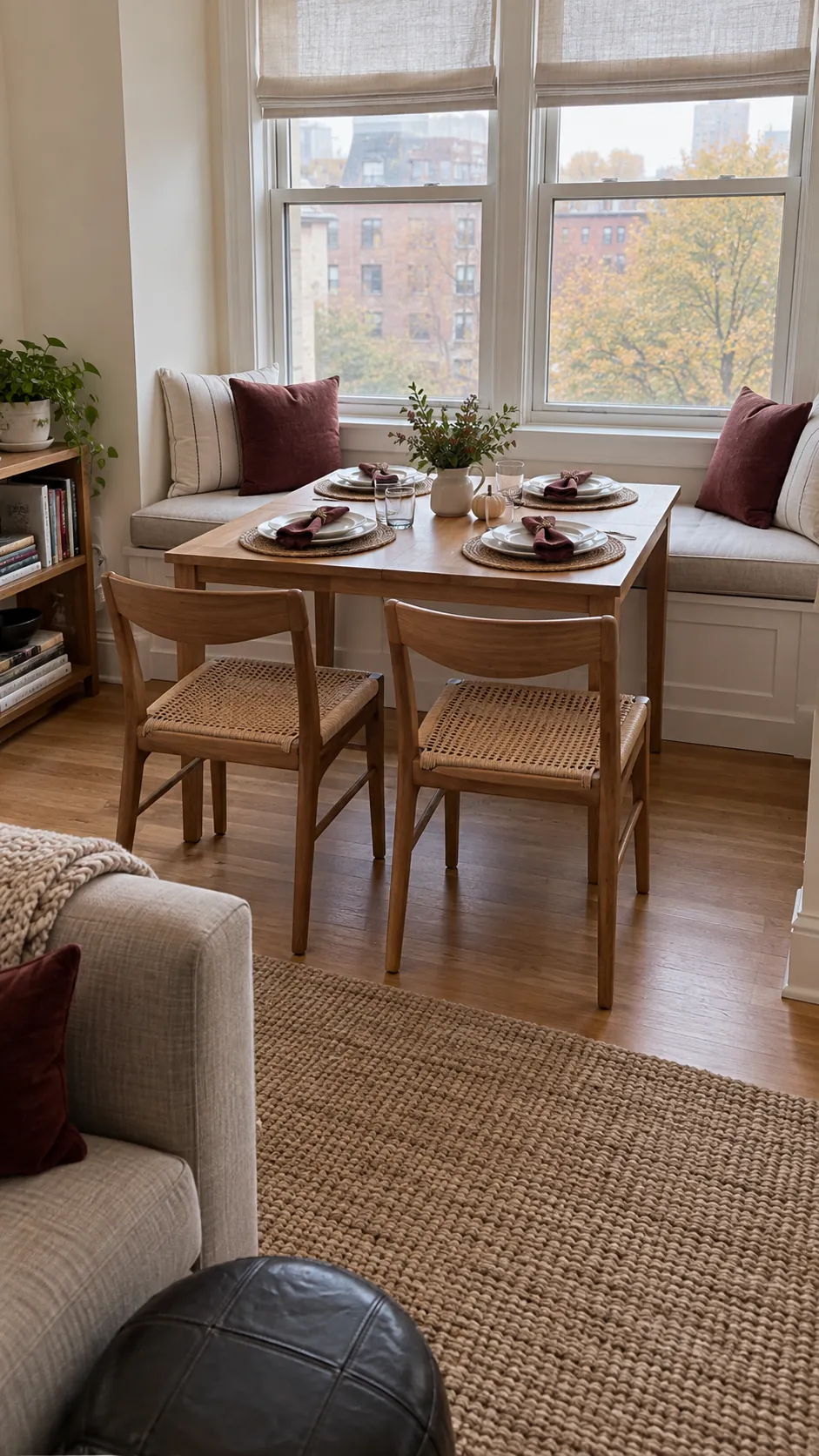 Window bench paired with a small table for Thanksgiving seating