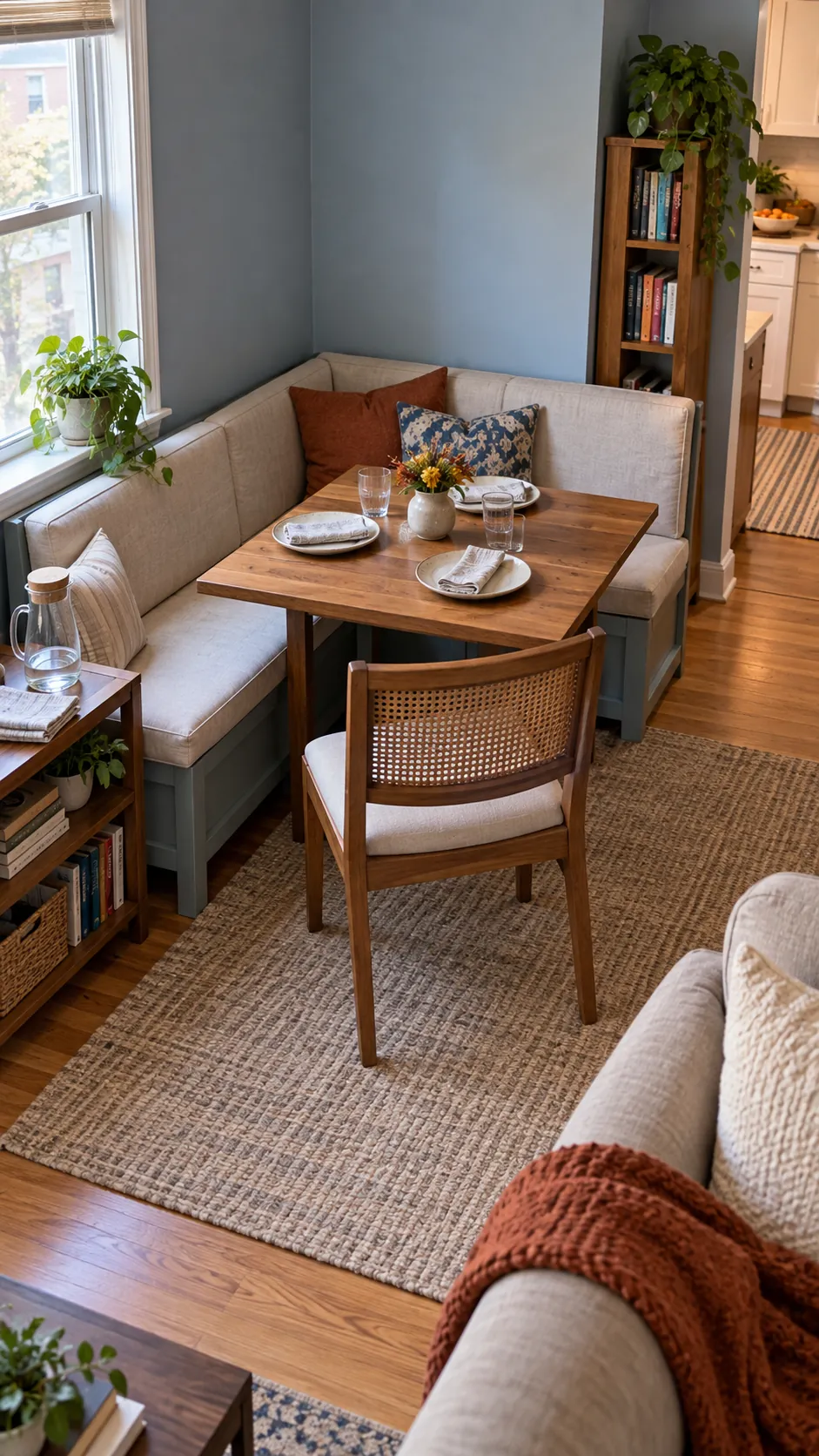 Compact corner bench and square table set for Thanksgiving in a living room