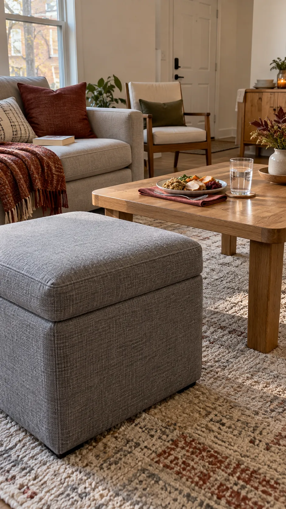 Firm ottoman used as a seat beside a low Thanksgiving living room table