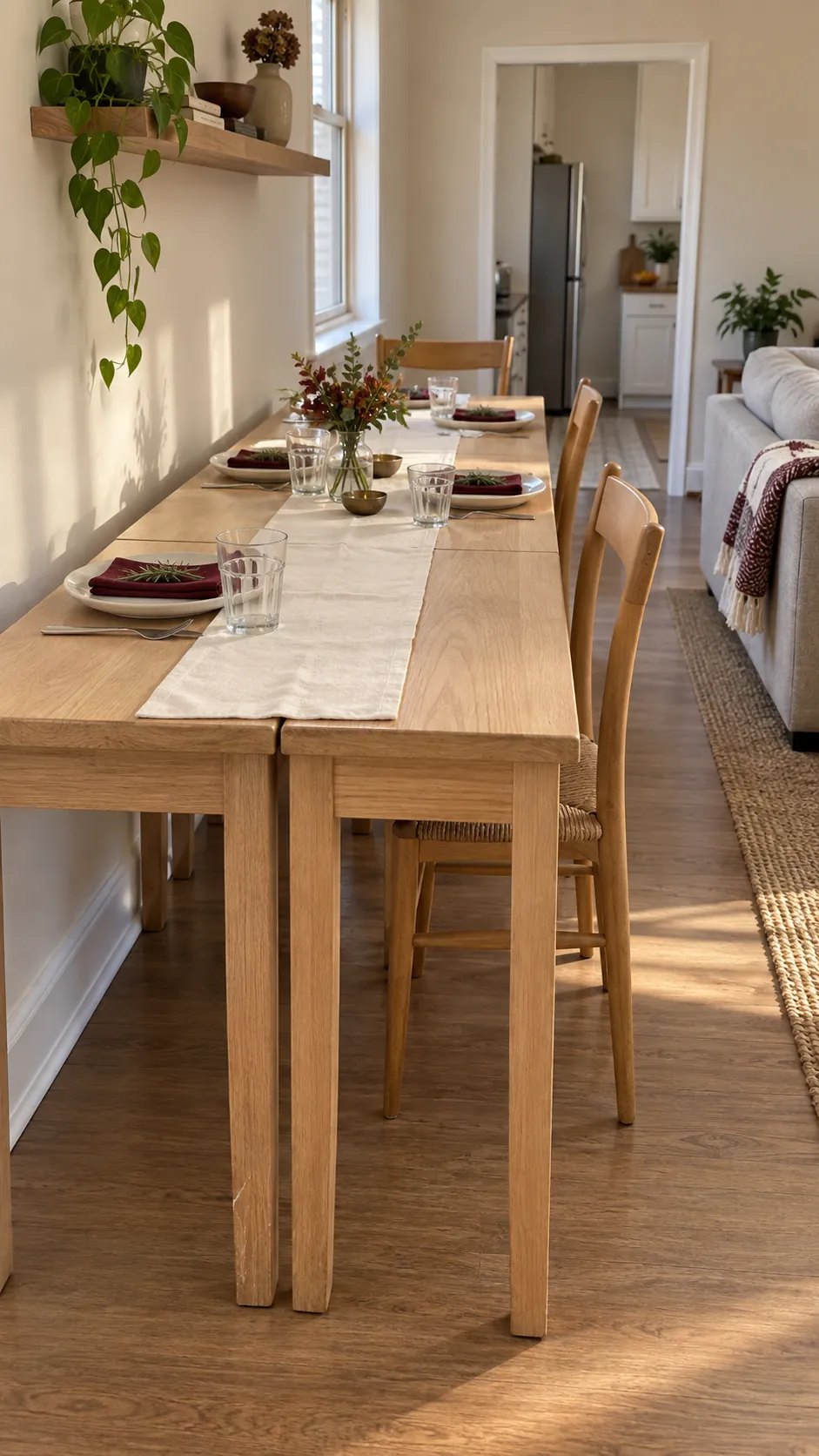 Two matching small tables aligned for a Thanksgiving meal in an apartment