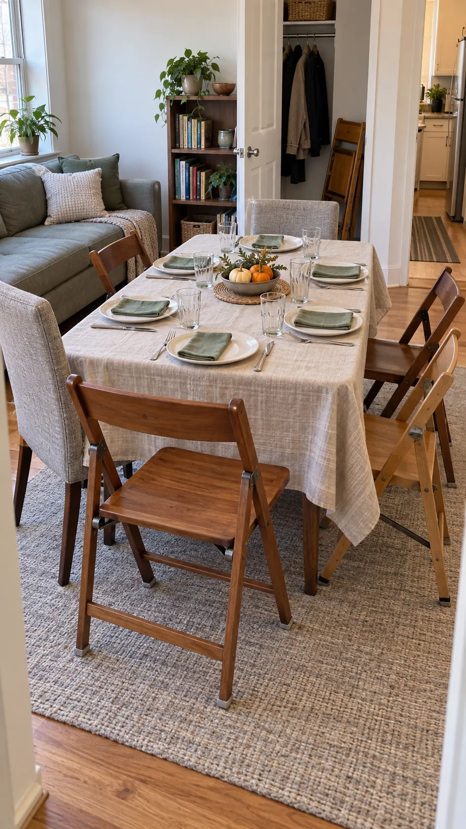 Borrowed folding chairs set around a temporary Thanksgiving table