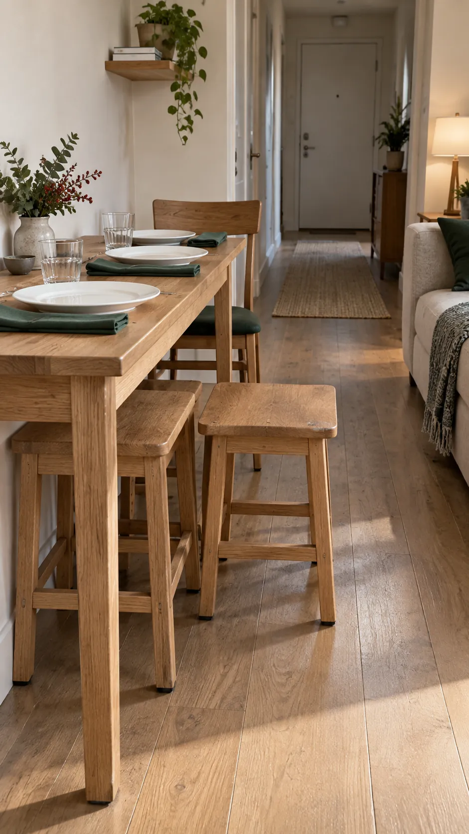 Backless stools tucked under a compact Thanksgiving table
