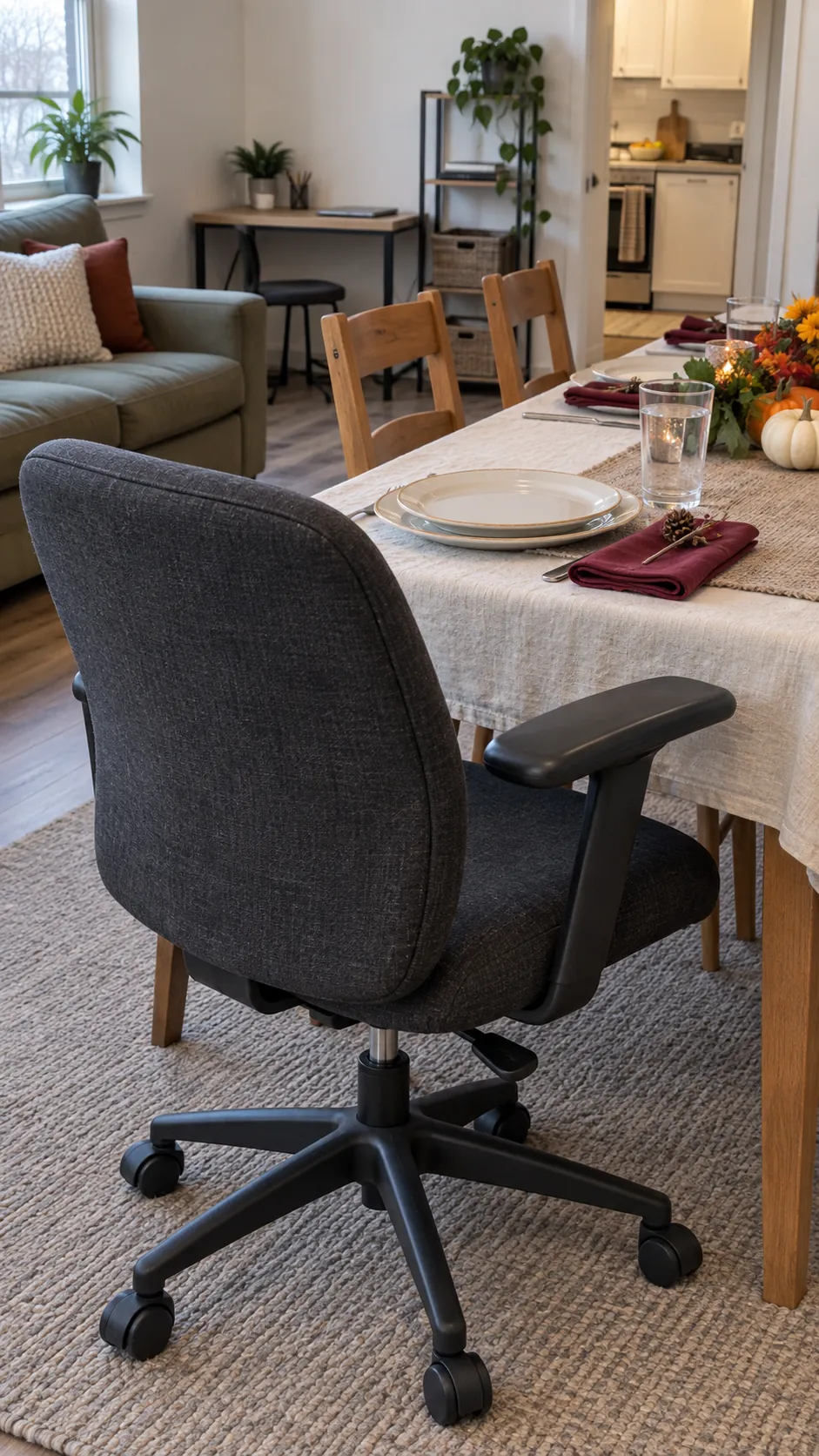 Adjusted office chair used at a temporary Thanksgiving table in an apartment