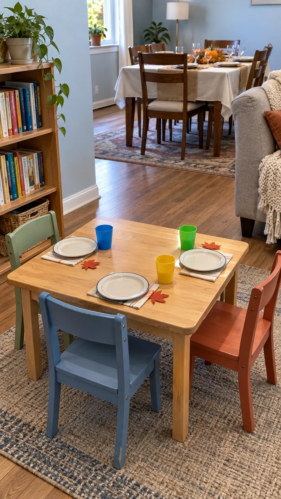 Small child sized Thanksgiving table within sight of the main apartment seating