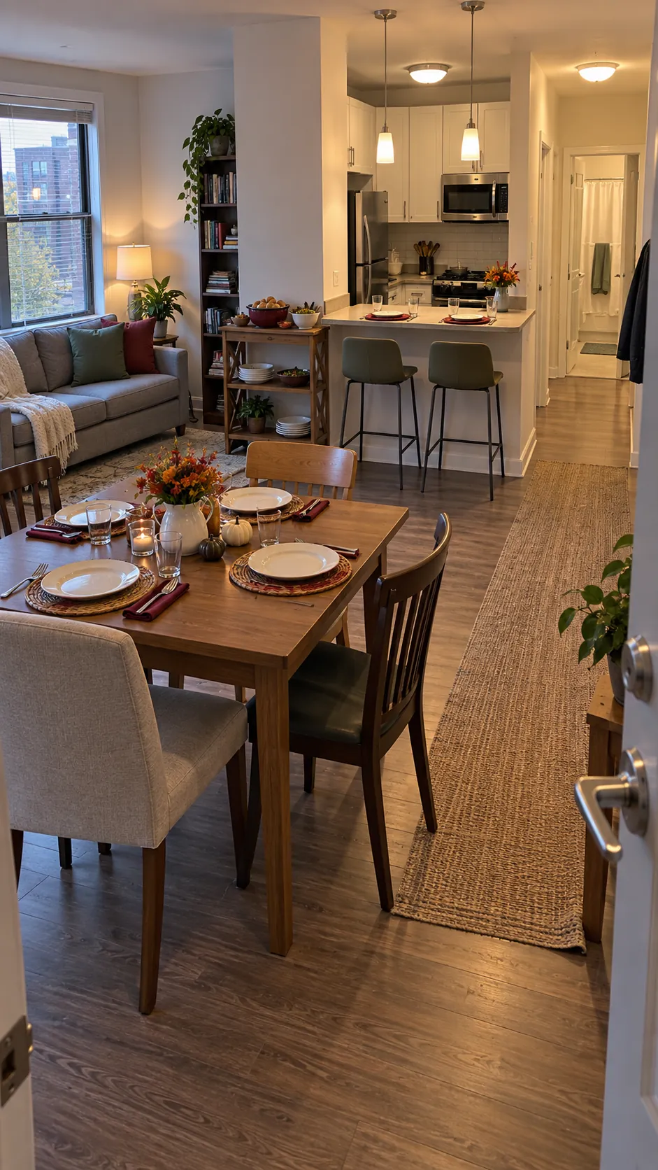 Small apartment Thanksgiving meal split between two nearby seated dining zones
