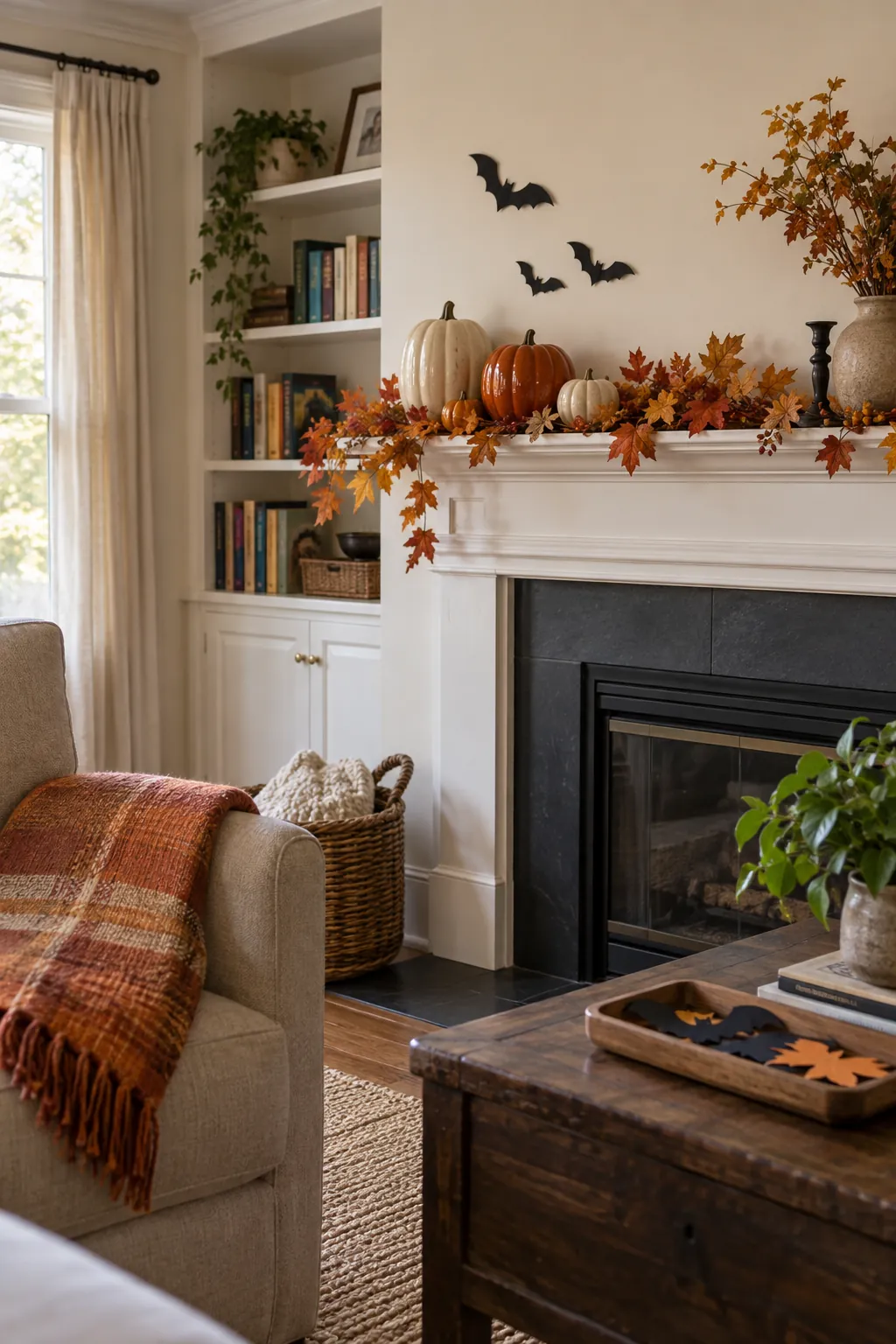 Fall mantel reused for Halloween with a few removable paper bats
