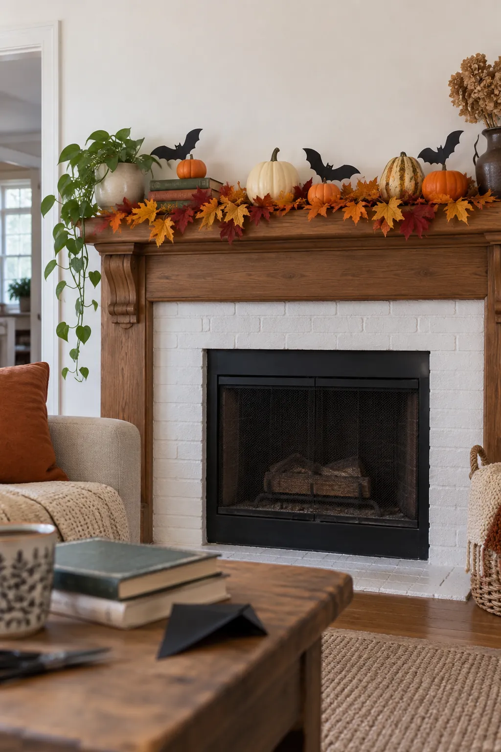 Add Paper Silhouettes to the Fall Mantel to reuse autumn decorations for Halloween