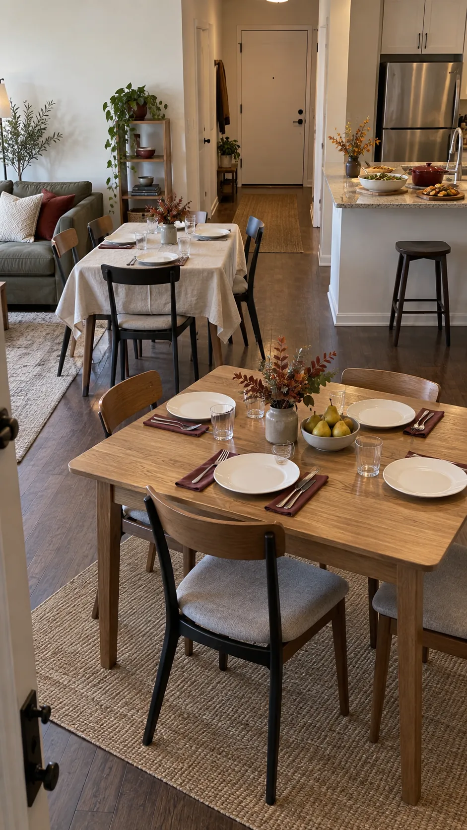 Two four seat Thanksgiving tables arranged for eight guests in a small apartment