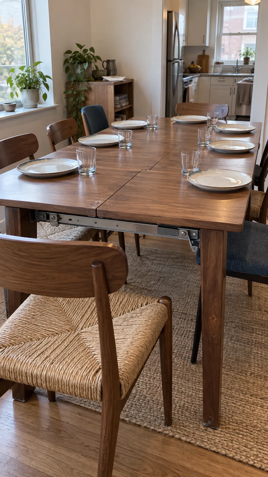 Opened apartment dining table with eight trial place settings and visible supported extension
