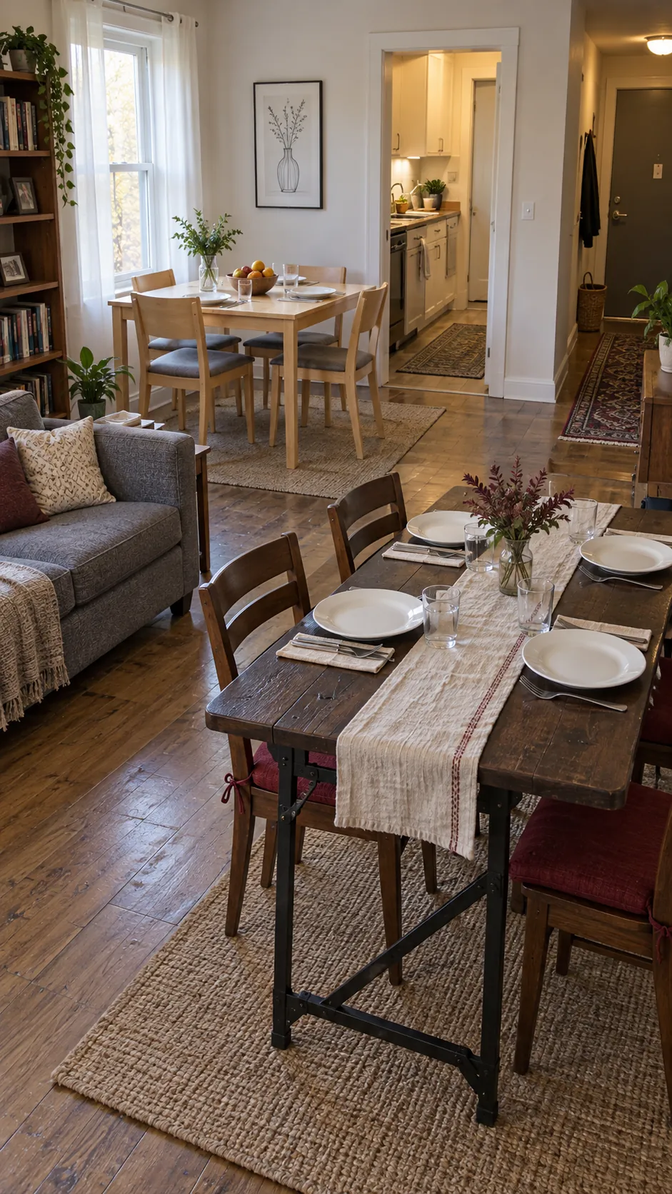 Two nearby four seat Thanksgiving tables arranged with an open passage in a compact apartment