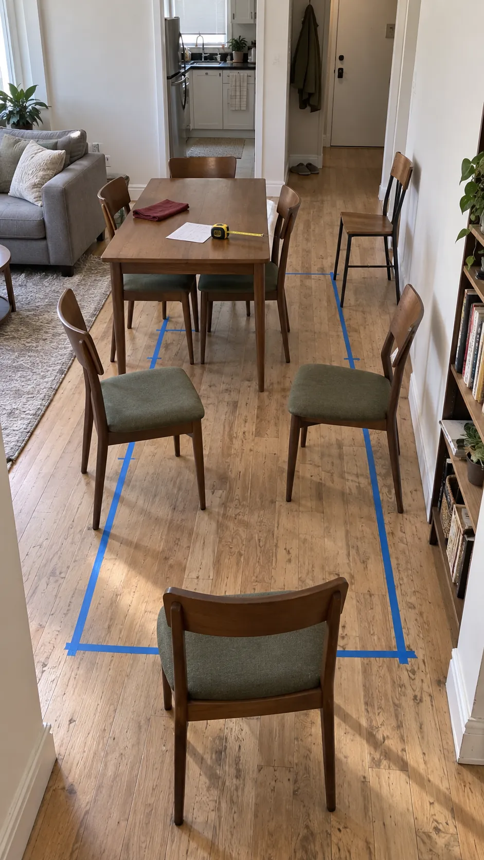 Painter tape showing the footprint of a larger Thanksgiving table and chair clearance in a small apartment