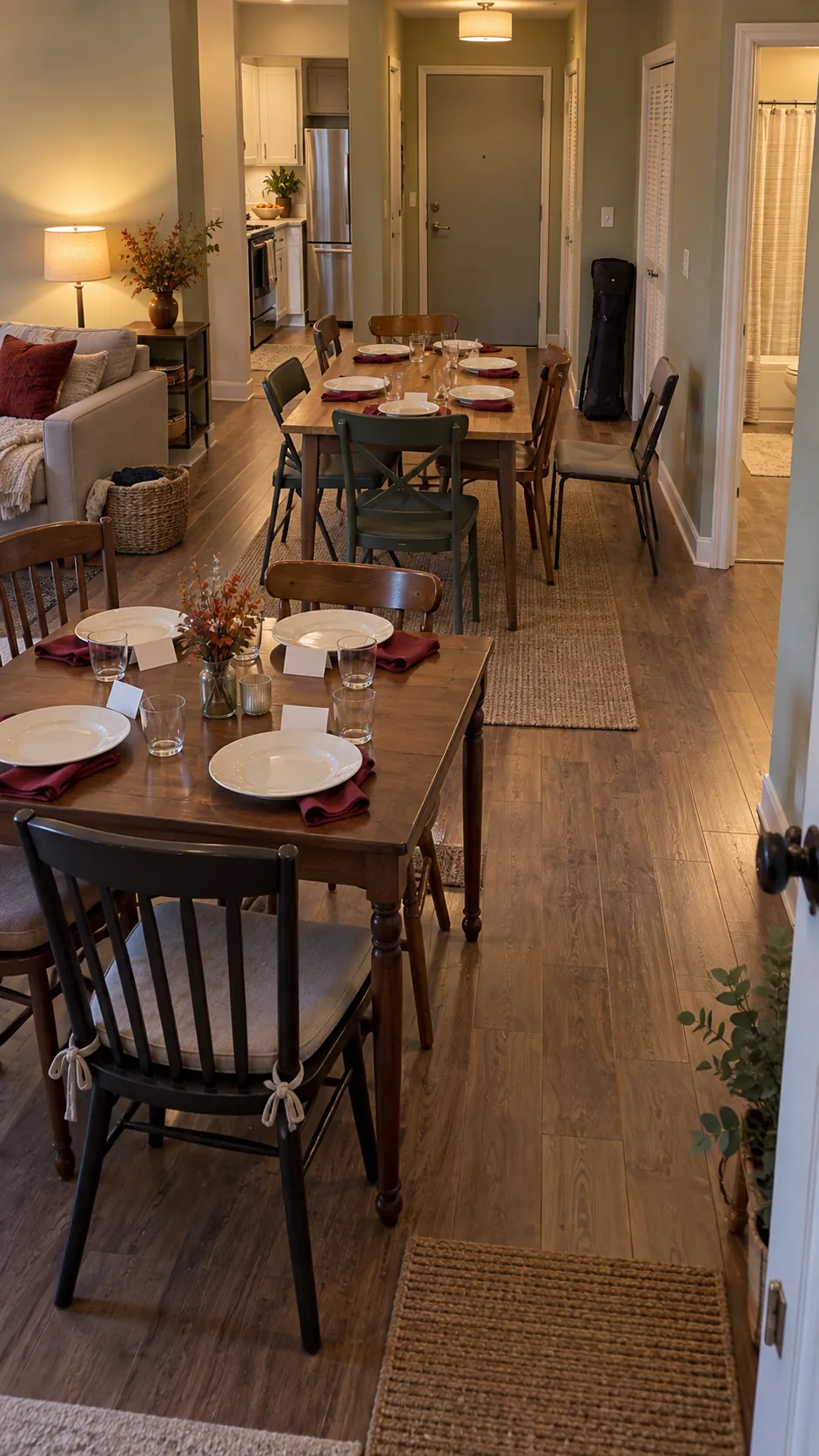 Eight complete Thanksgiving place settings during a small apartment seating rehearsal