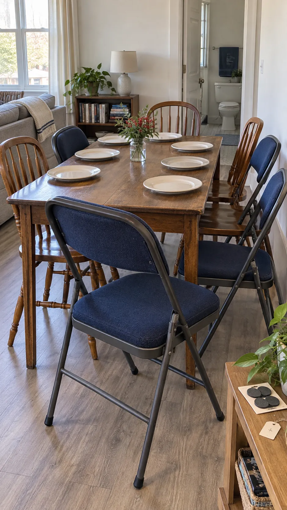 Borrowed and existing stable dining chairs tested around a small Thanksgiving table