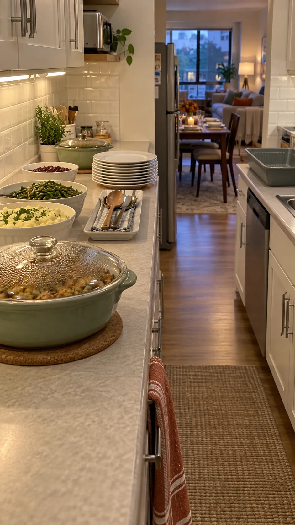 Thanksgiving dishes staged on a kitchen counter away from two compact dining tables