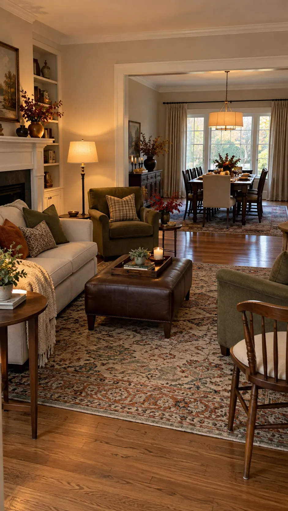 Thanksgiving living room arranged with extra guest seating and clear paths