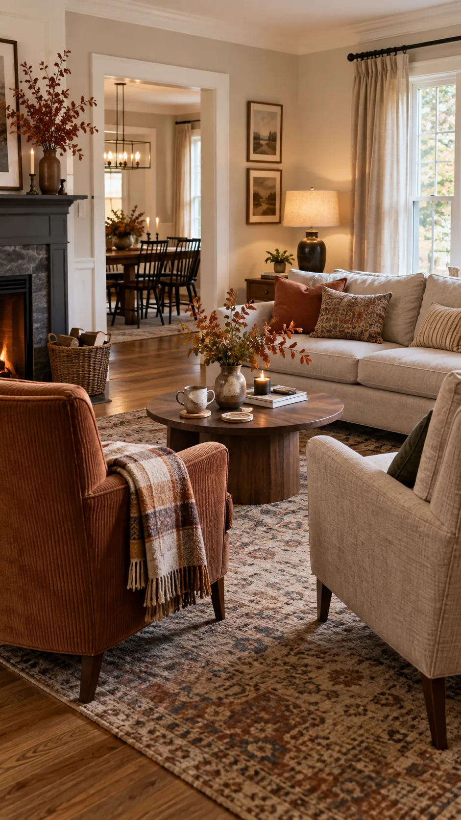 Thanksgiving living room with chairs toward sofa