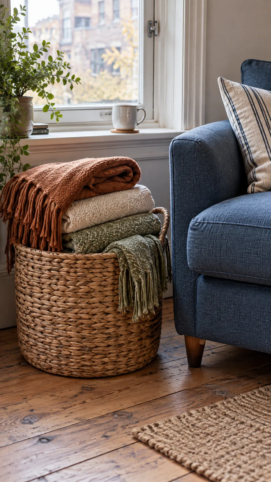 Thanksgiving living room with folded throws