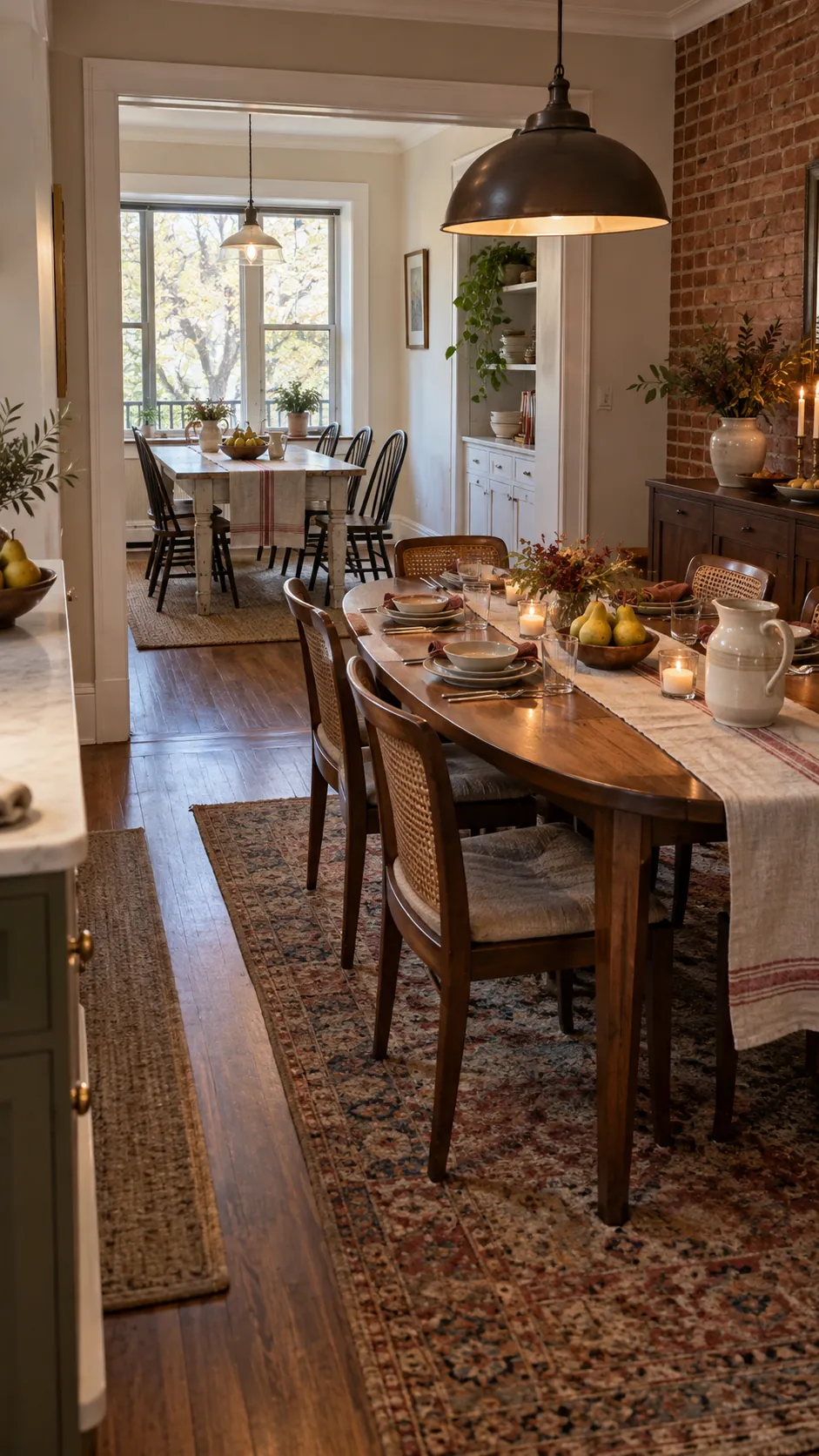 Welcoming Thanksgiving dining room with two coordinated tables and a clear guest route