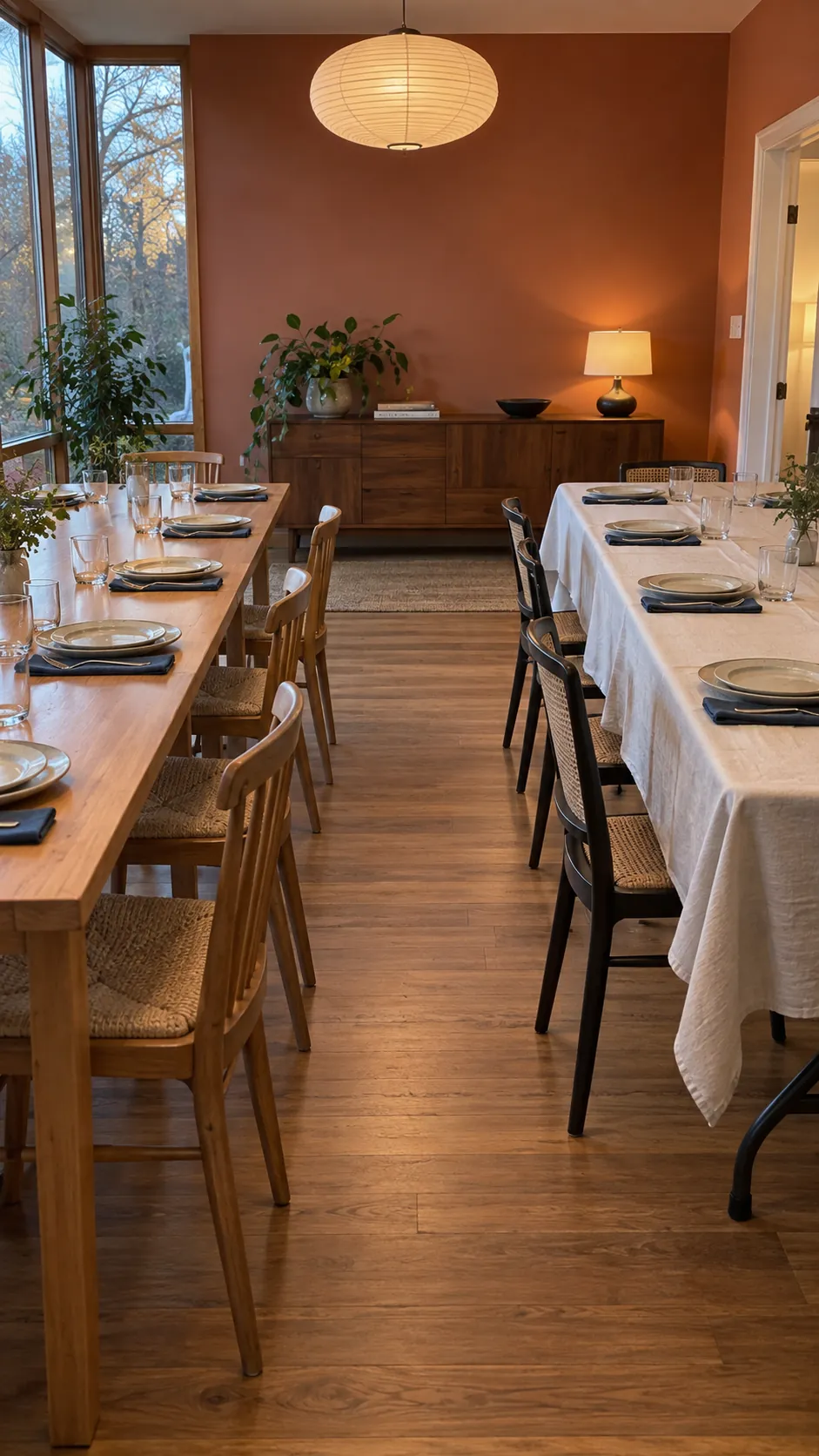 Parallel Thanksgiving dining tables with usable space between pulled out chairs