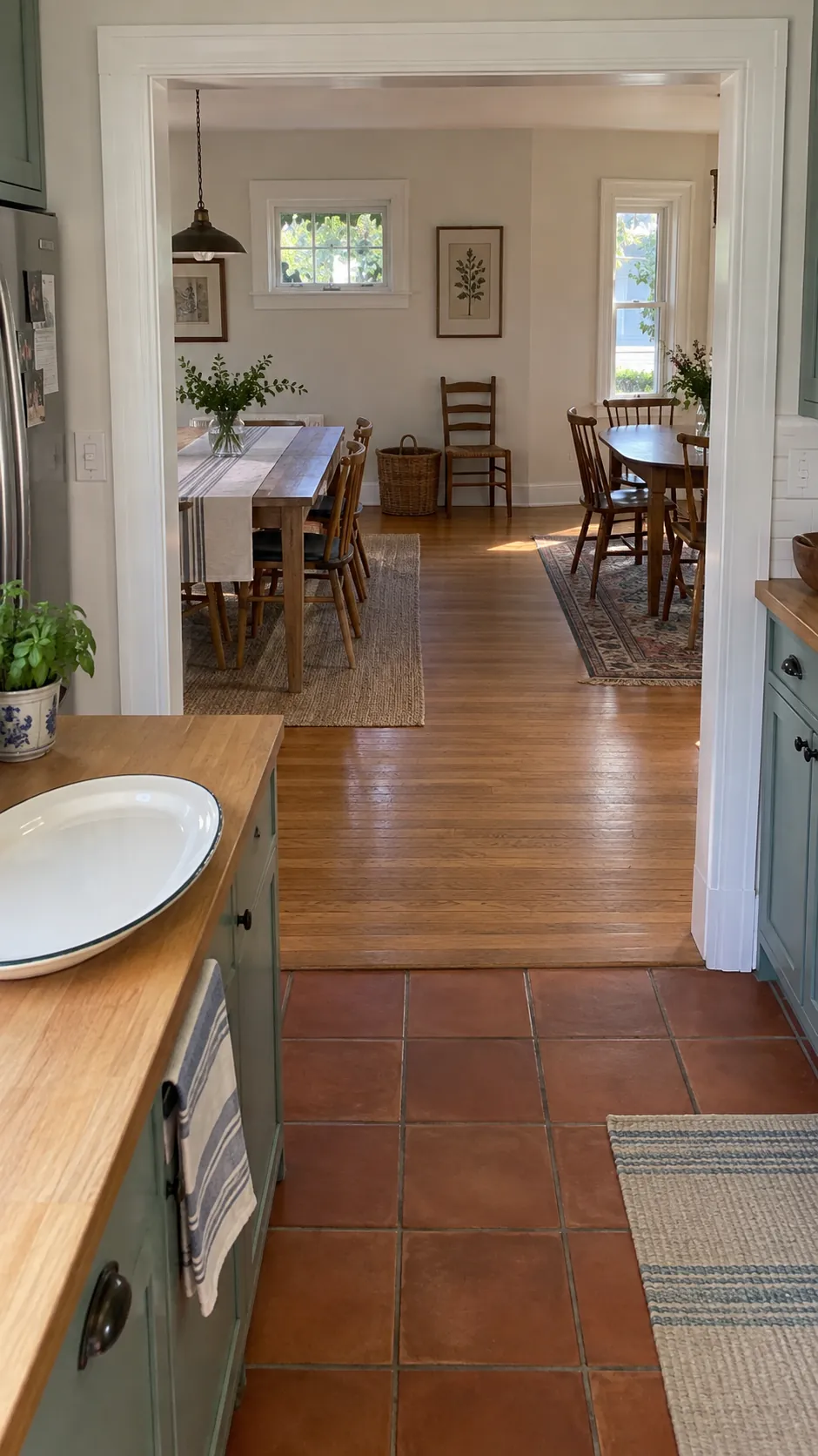 Clear serving route from a home kitchen between two Thanksgiving dining tables