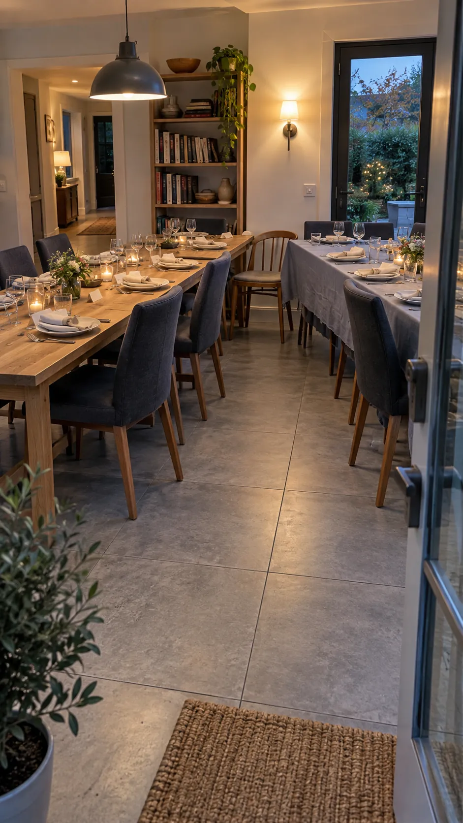 Thanksgiving dining room with two tables and chairs pulled out for a final layout test