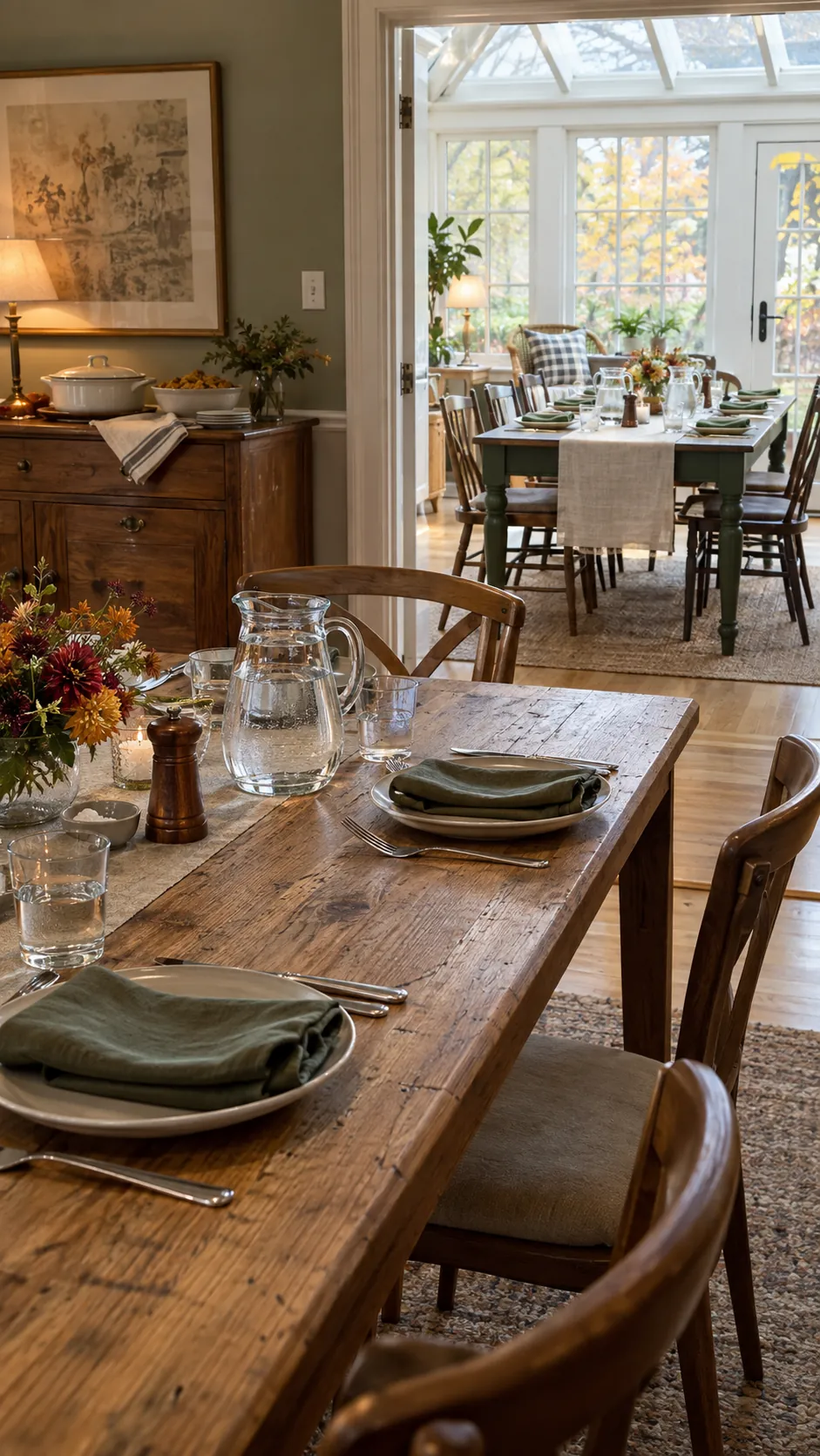 Water and serving essentials placed on both Thanksgiving dinner tables