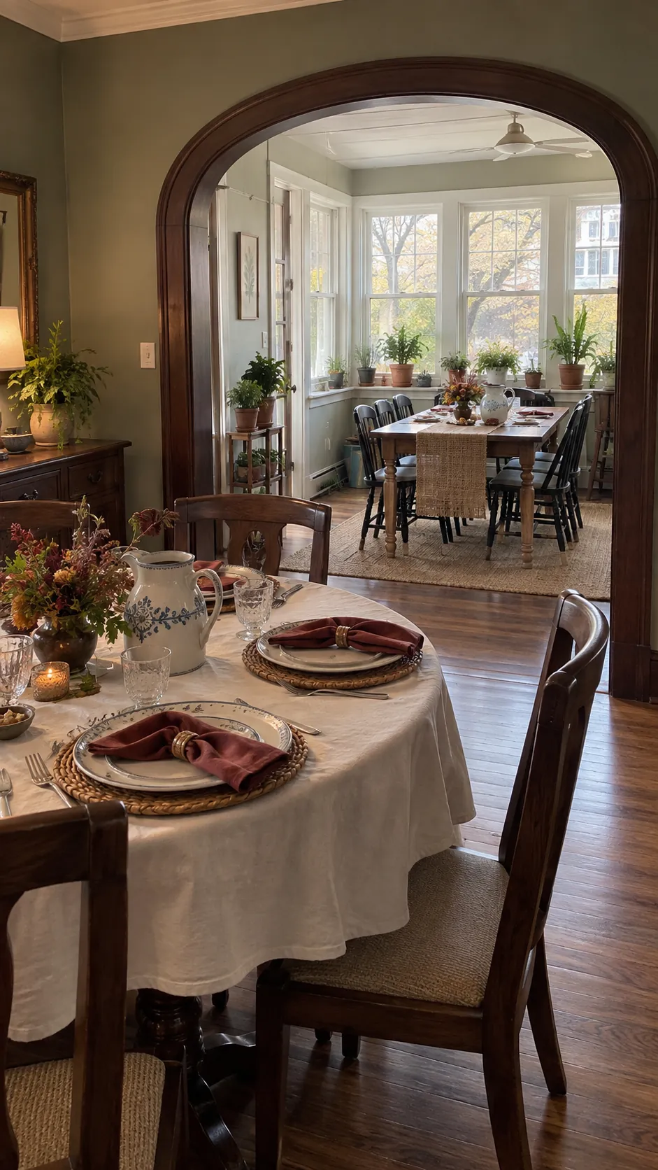 Two connected Thanksgiving dining tables that feel like one family gathering