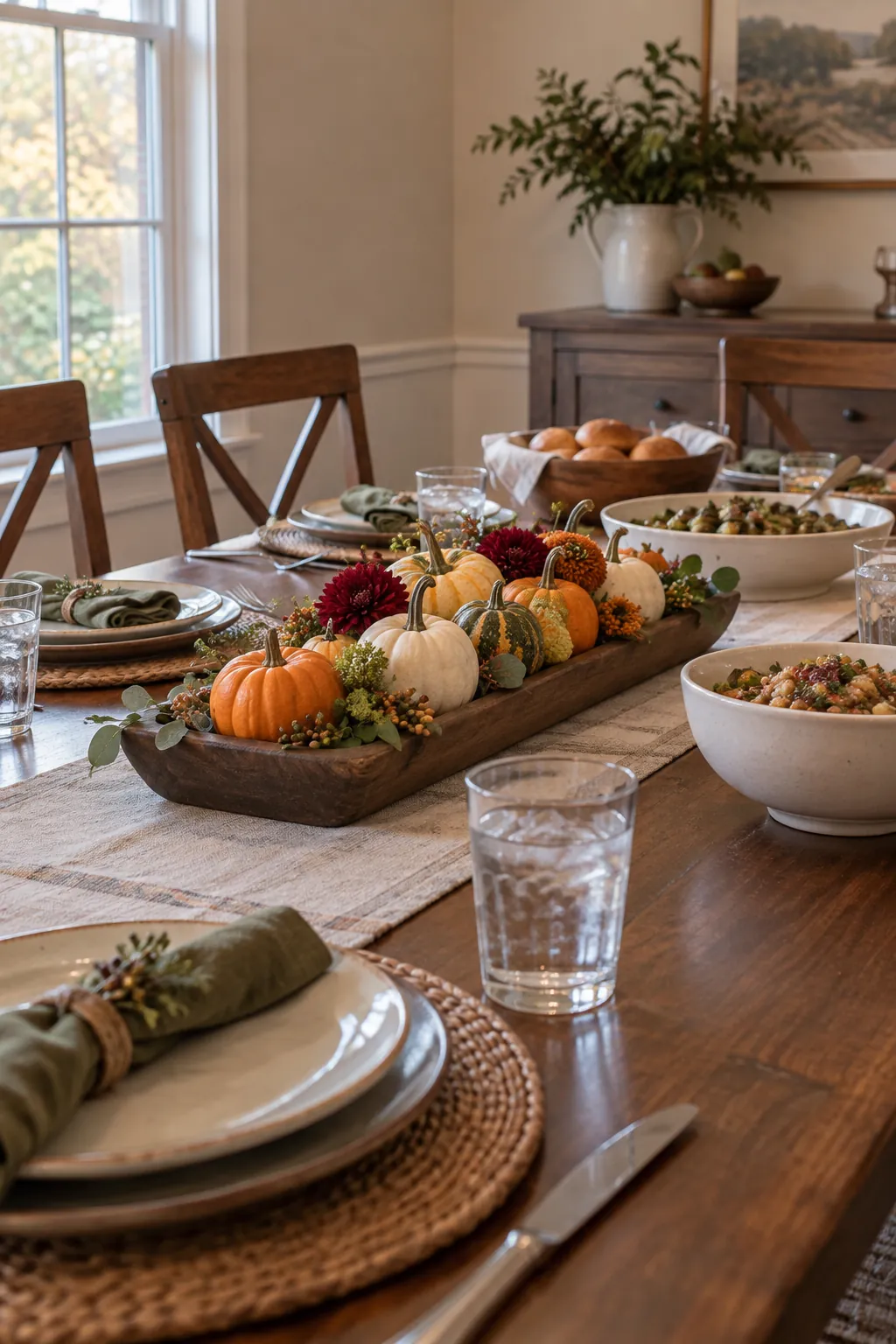 Low Thanksgiving centerpiece with pumpkins and short flowers leaving clear table sightlines