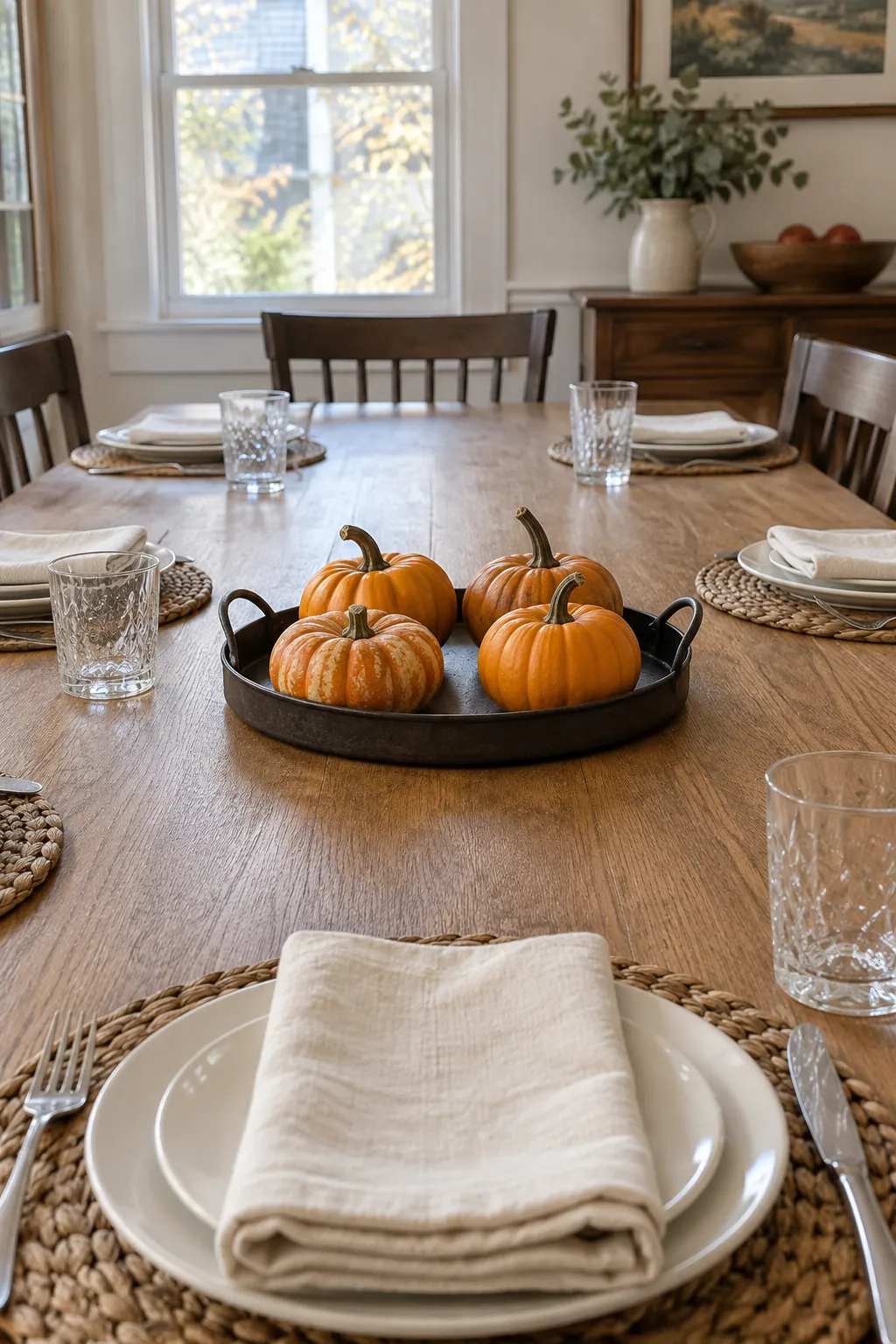 Shallow Tray of Mini Pumpkins as a low Thanksgiving centerpiece