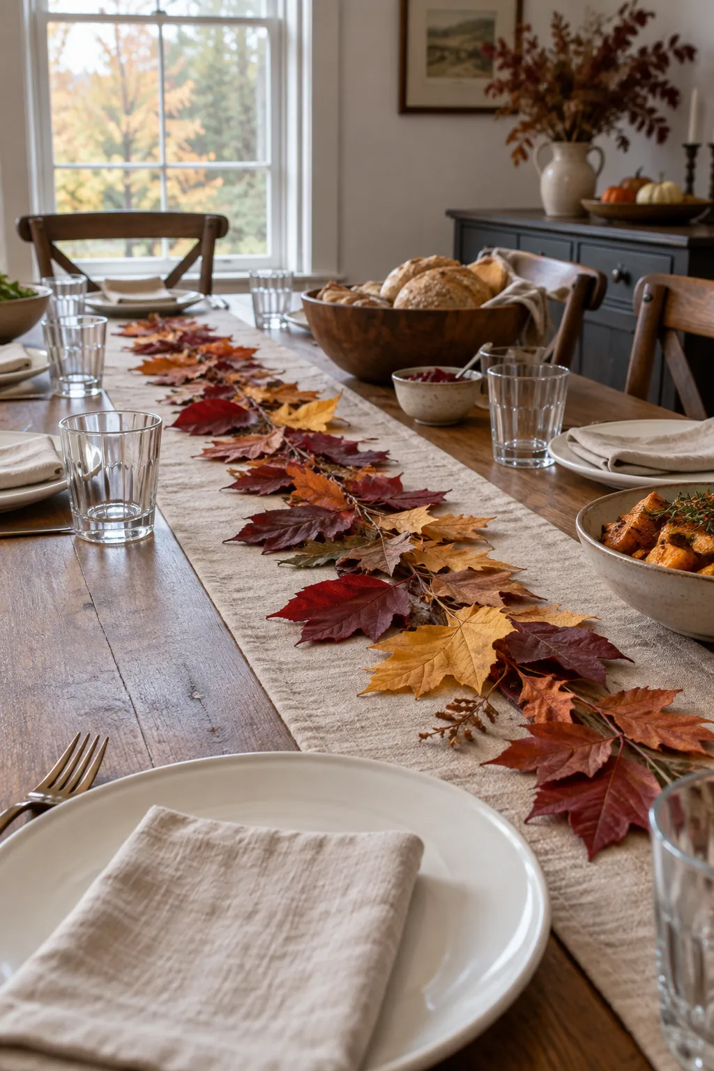 Loose Autumn Leaf Runner as a low Thanksgiving centerpiece
