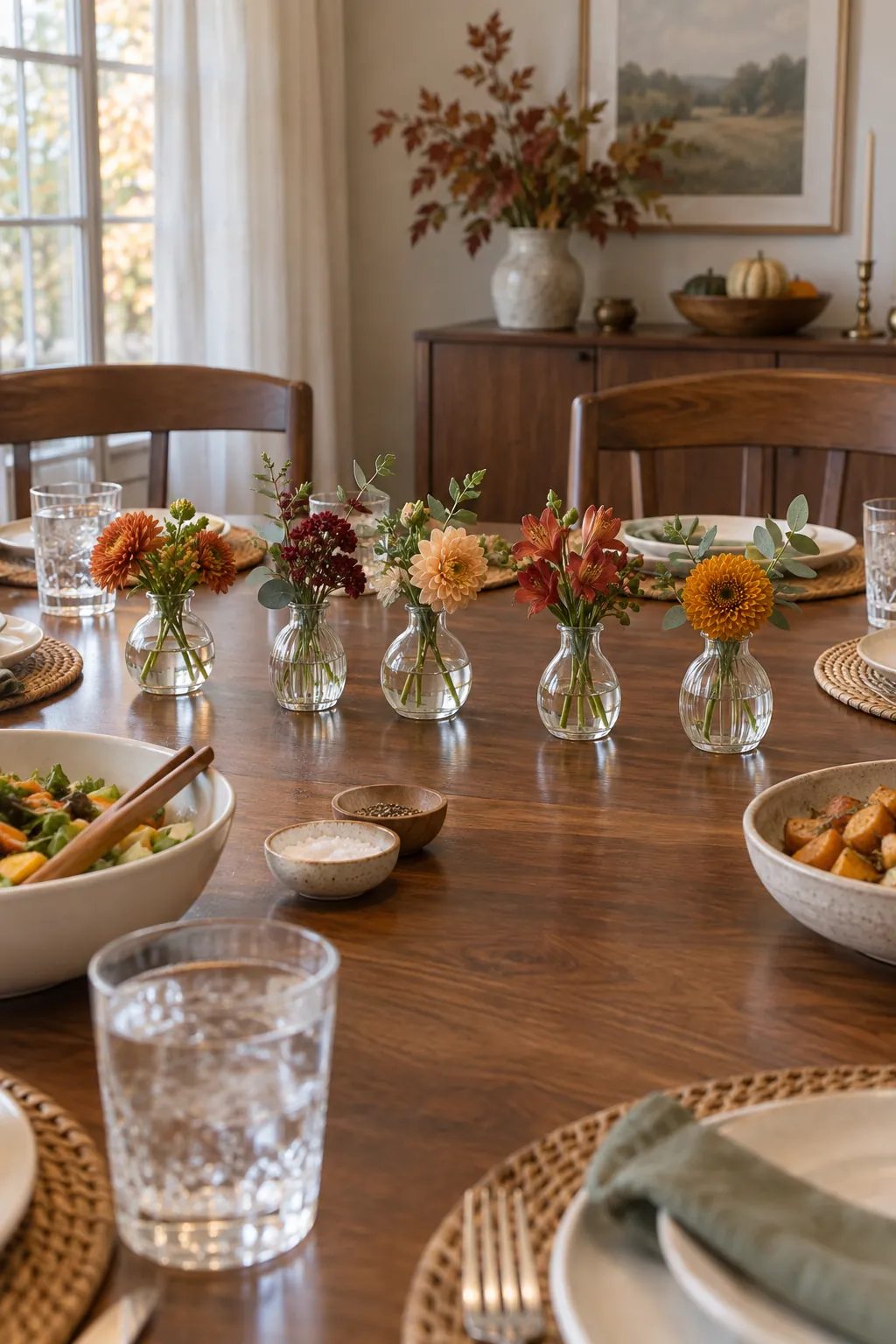 Short Blooms in Tiny Bud Vases as a low Thanksgiving centerpiece