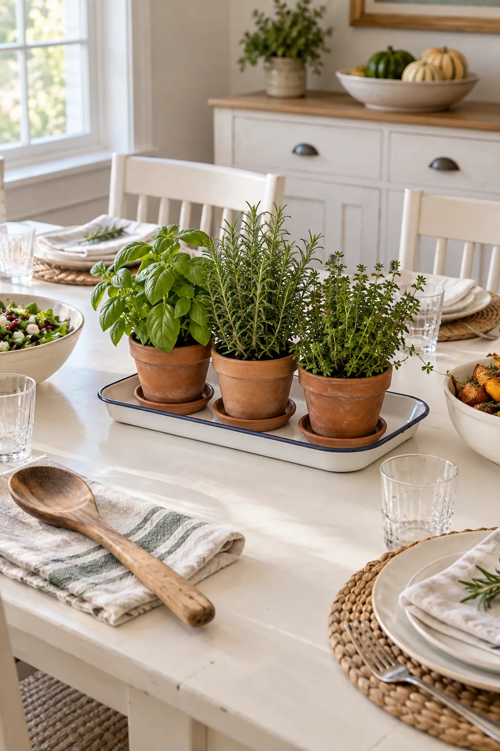 Cluster of Herb Pots as a low Thanksgiving centerpiece