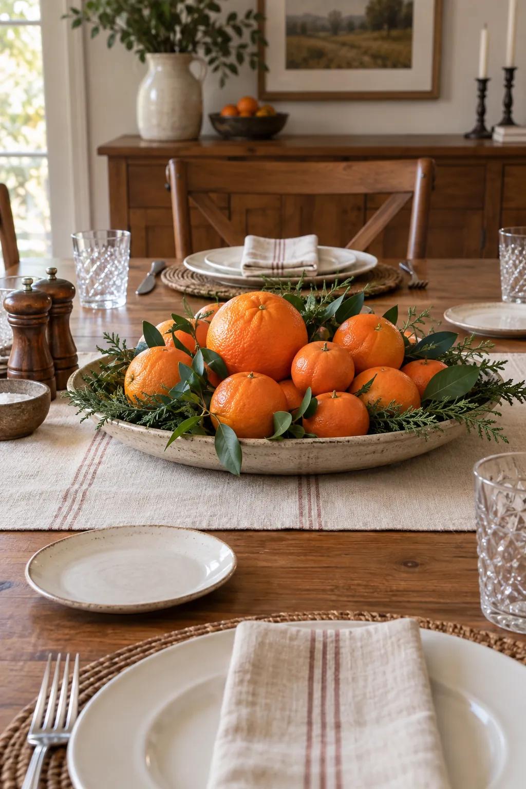 Citrus and Greenery Platter as a low Thanksgiving centerpiece