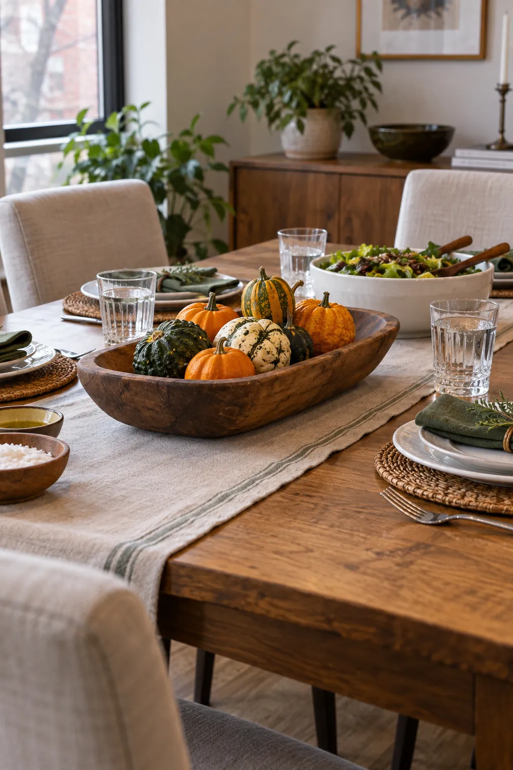 Low Wooden Dough Bowl as a low Thanksgiving centerpiece