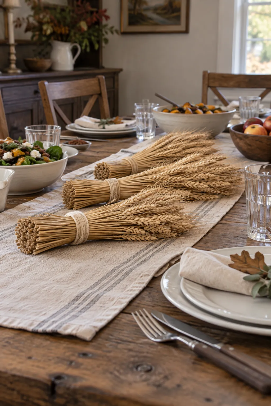 Horizontal Wheat Bundles as a low Thanksgiving centerpiece