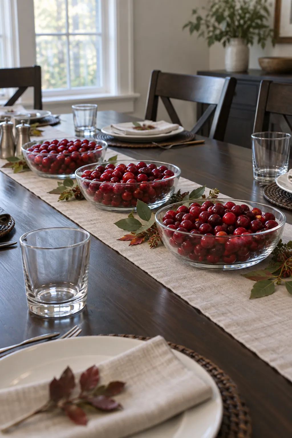 Cranberries in Low Glass Bowls as a low Thanksgiving centerpiece