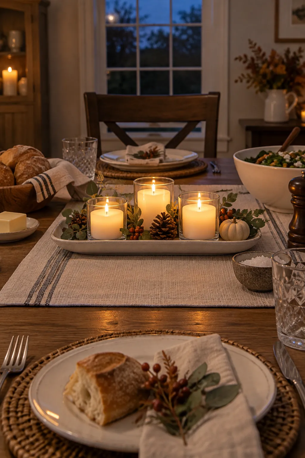 Enclosed Battery Candle Group as a low Thanksgiving centerpiece
