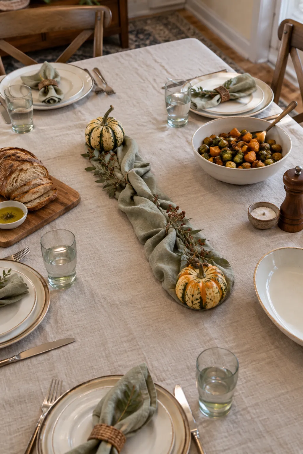 Folded Linen and Small Gourds as a low Thanksgiving centerpiece
