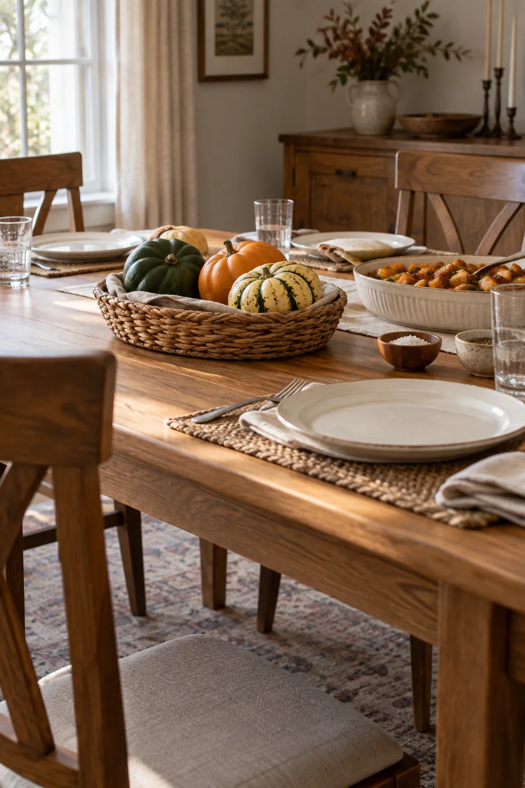 Squash in a Woven Basket as a low Thanksgiving centerpiece