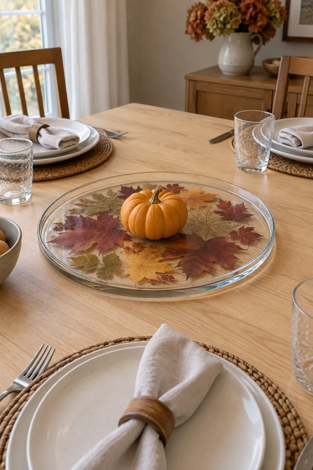 Pressed Leaves Under Clear Glass as a low Thanksgiving centerpiece