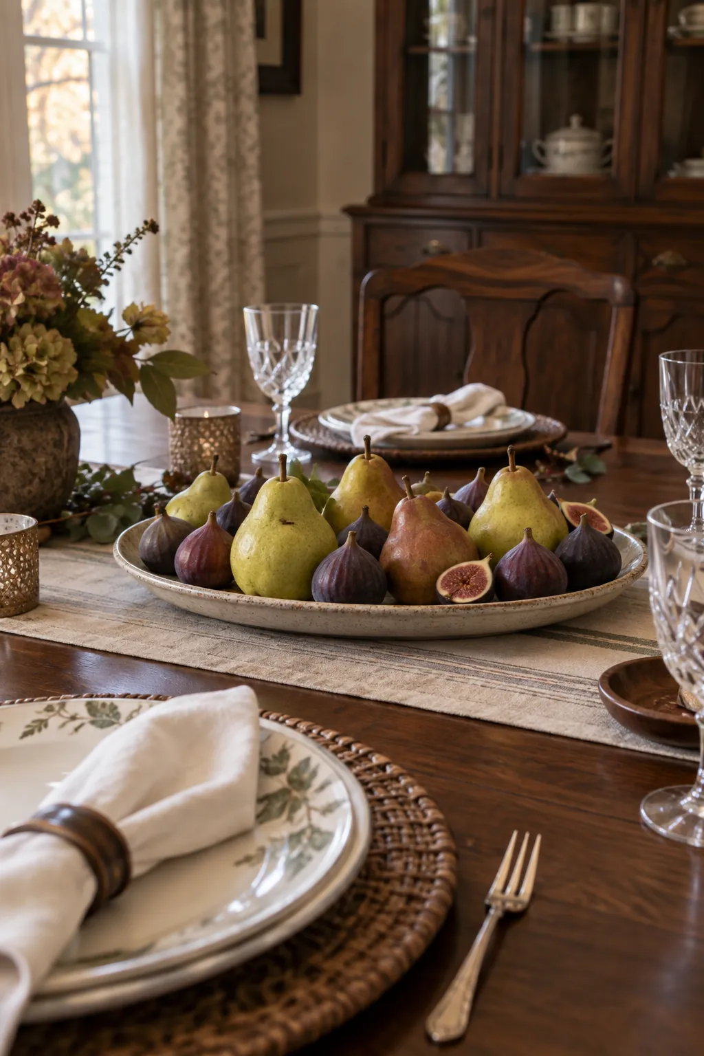 Pears and Figs on Stoneware as a low Thanksgiving centerpiece