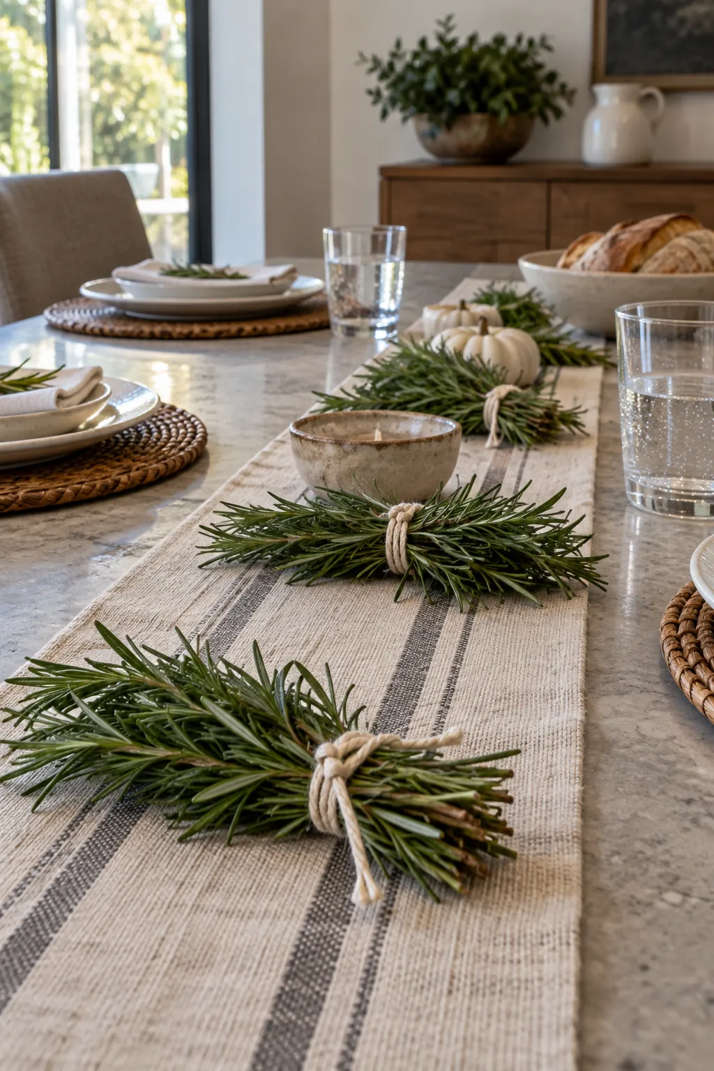 Rosemary Bundles Along the Runner as a low Thanksgiving centerpiece