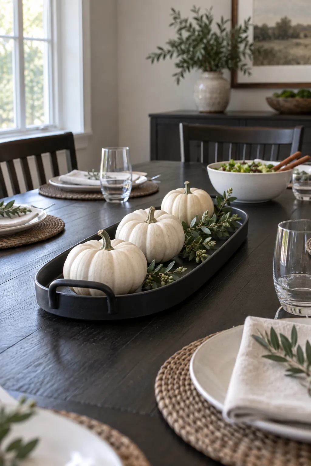 White Pumpkins on a Dark Tray as a low Thanksgiving centerpiece