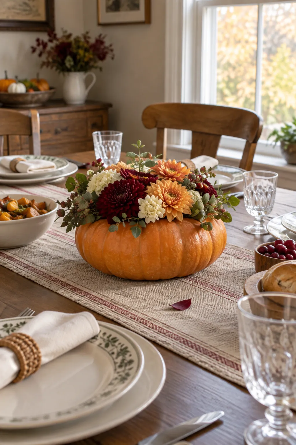 Squat Pumpkin Flower Bowl as a low Thanksgiving centerpiece