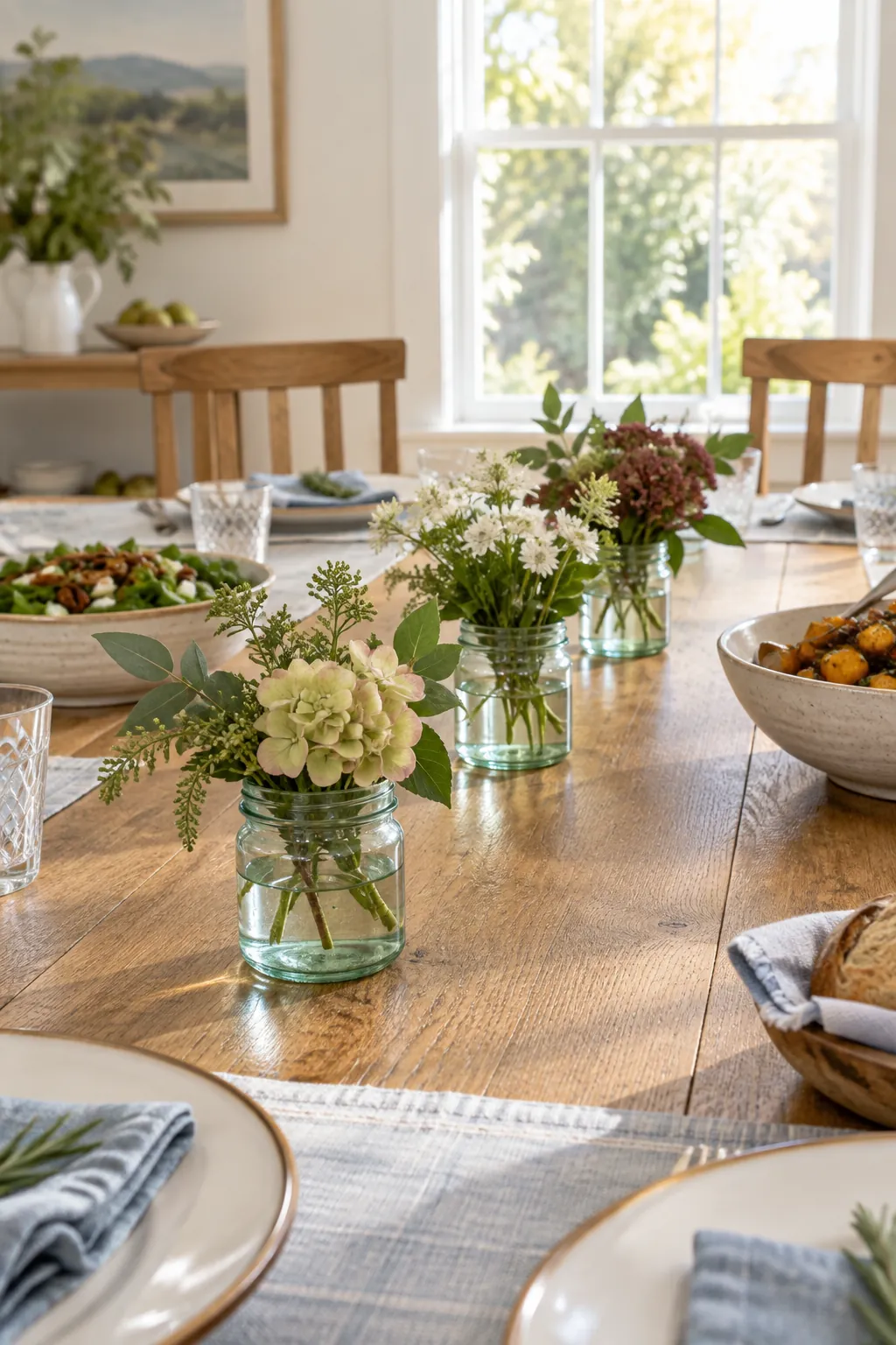 Little Jars of Garden Clippings as a low Thanksgiving centerpiece