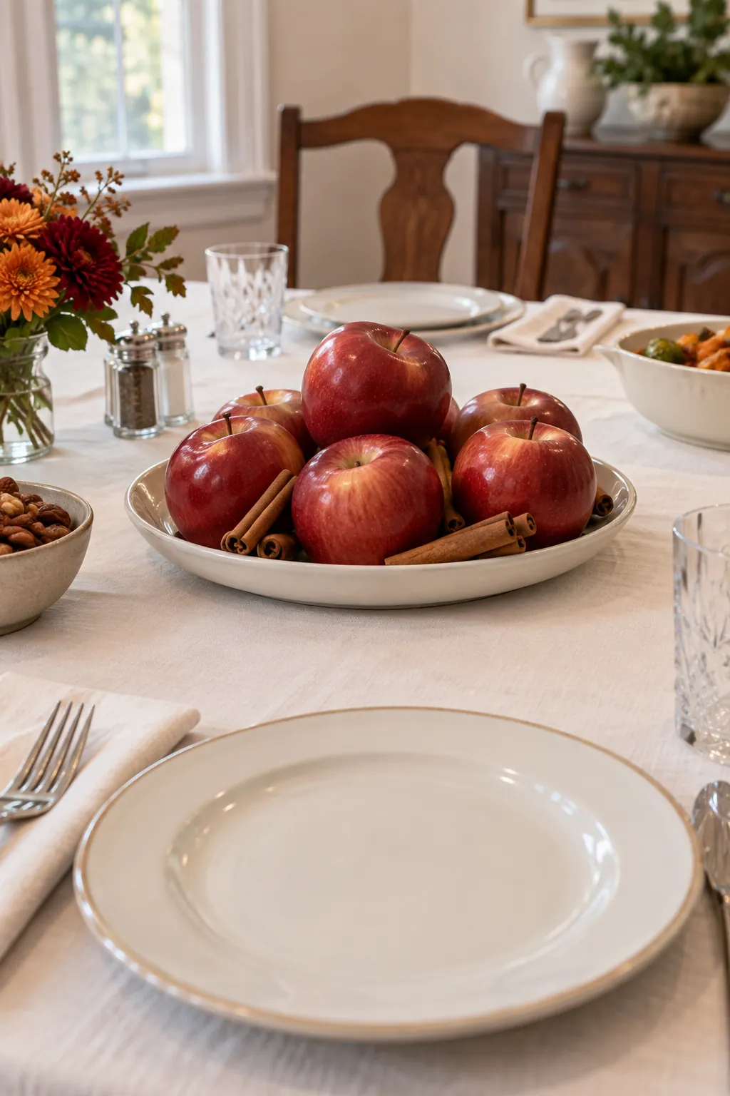 Apple Platter With Cinnamon Sticks as a low Thanksgiving centerpiece