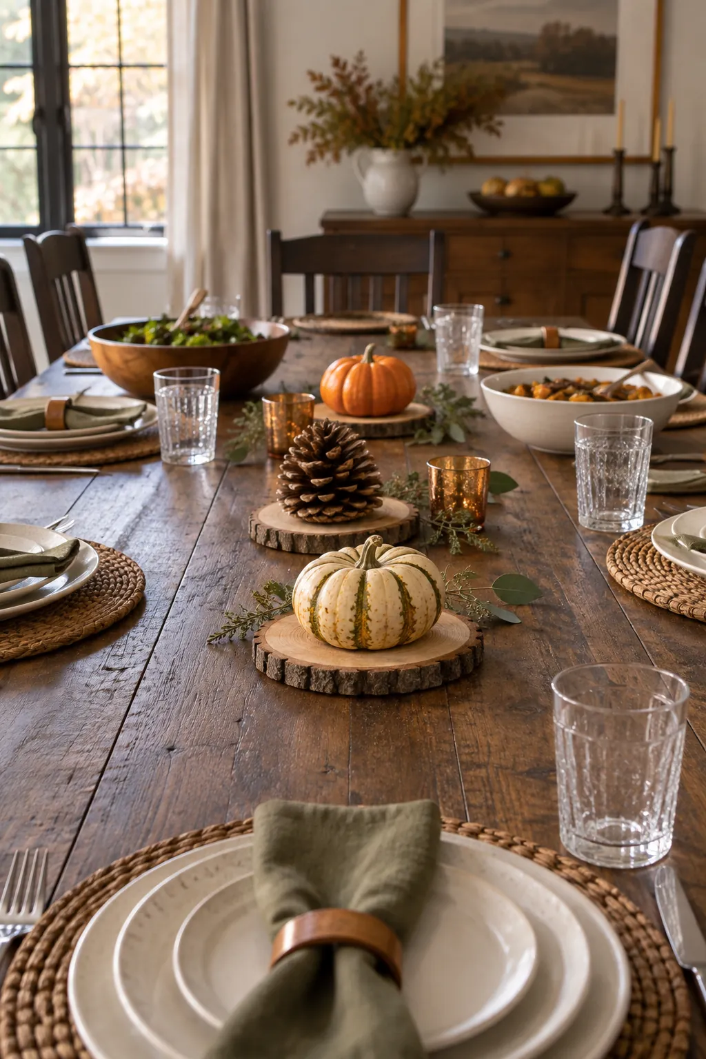 Small Wood Slices With Mini Objects as a low Thanksgiving centerpiece