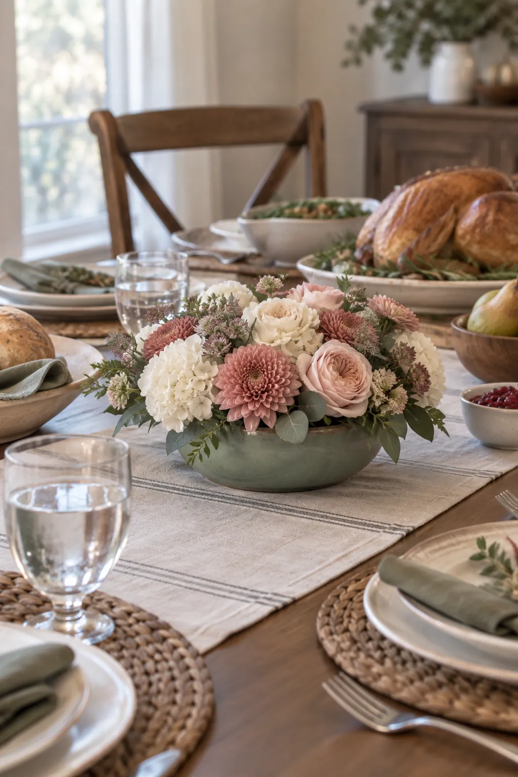 Compact Bowl of Short Flowers as a low Thanksgiving centerpiece
